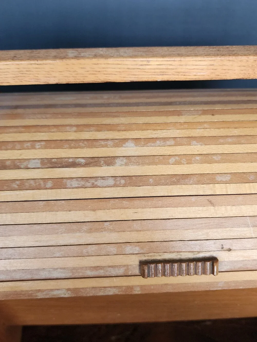 Vintage 40s Wood Roll Top Sewing Box Free Standing Slatted Tambour Door 11x9x11
